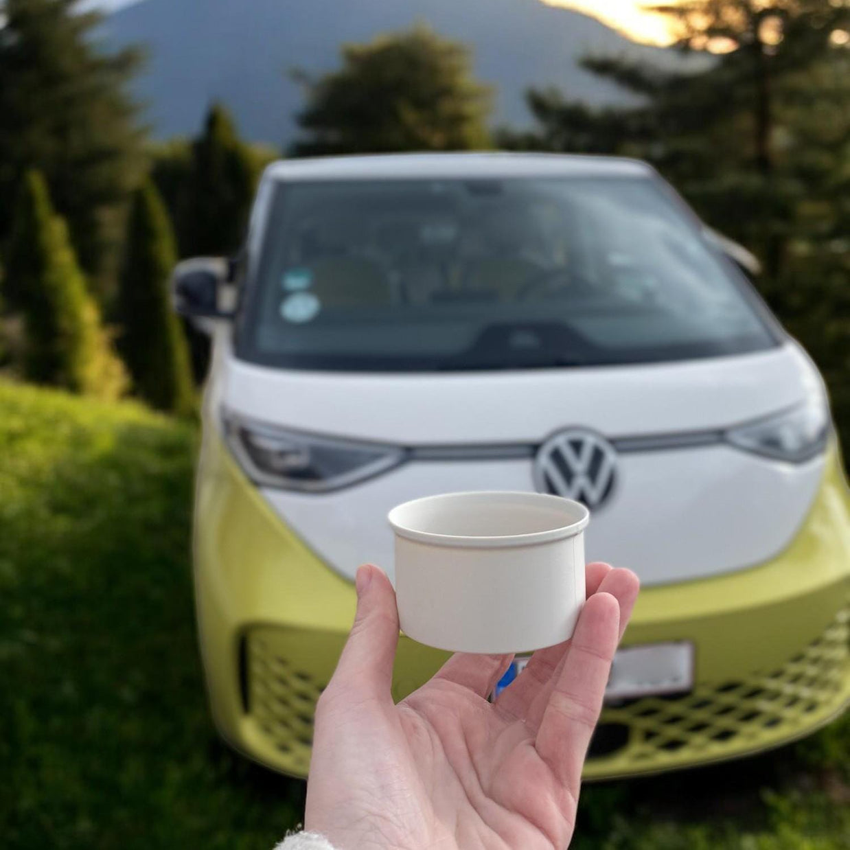 ID. Buzz cup holder insert shown with 330ml soda can, 3D printed car accessory, travel drink holder for rear tray, snug fit can stabilizer, campervan gear, handmade PLA insert by 3DLabCS, sustainable vanlife solution