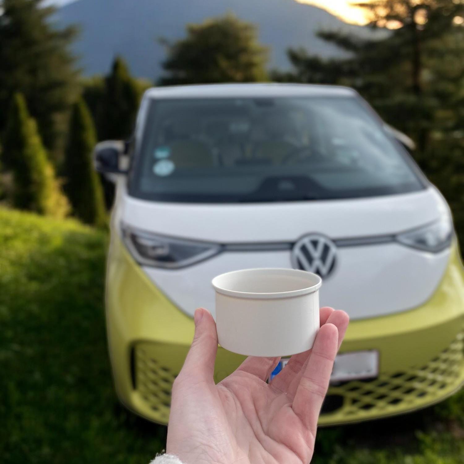 ID. Buzz cup holder insert shown with 330ml soda can, 3D printed car accessory, travel drink holder for rear tray, snug fit can stabilizer, campervan gear, handmade PLA insert by 3DLabCS, sustainable vanlife solution